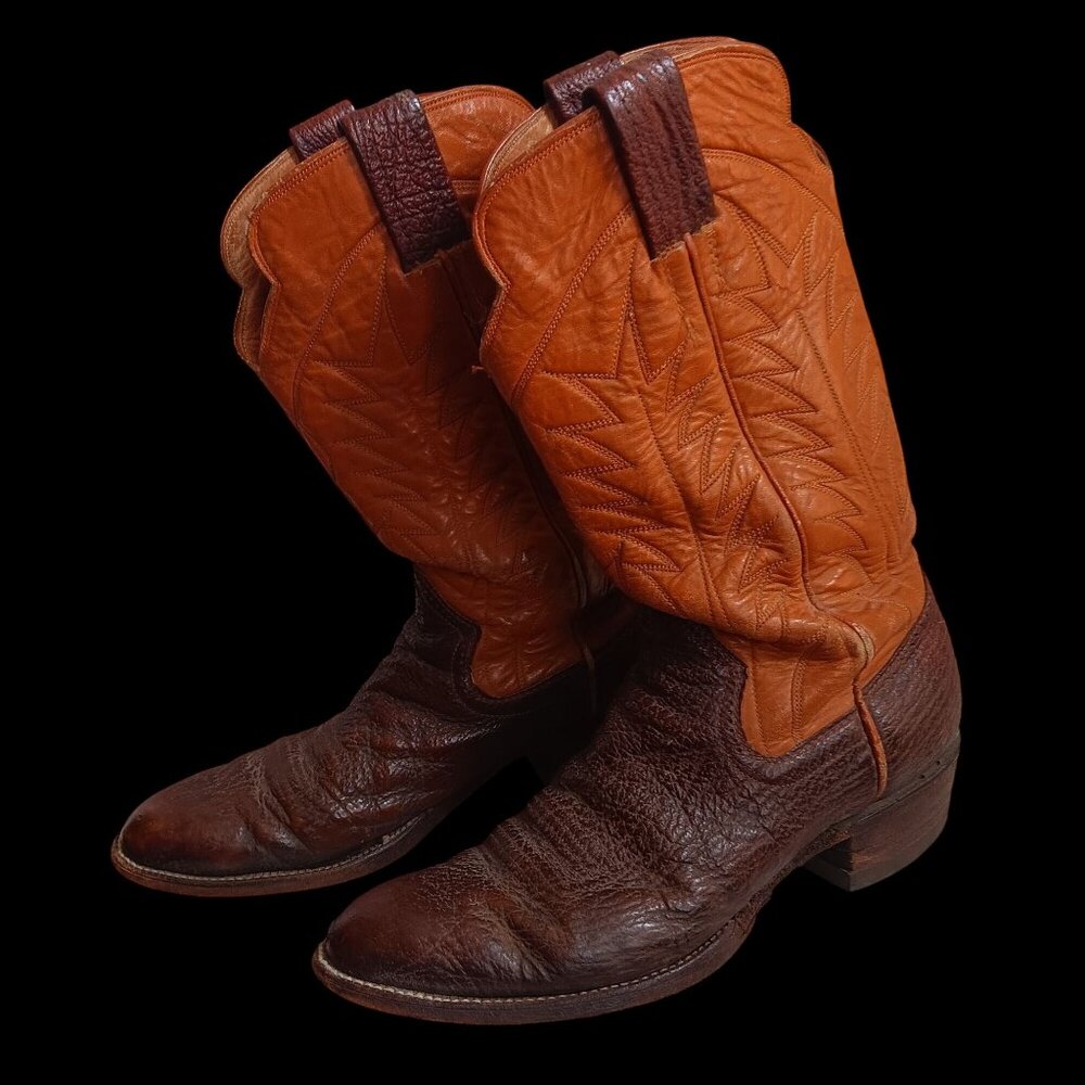 Vintage Brown  Tan Leather Cowboy Boots Mens Size 9.5B Western Style 1970s Beat
